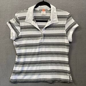 Vtg Y2K 90s 00s Baby Tee Polo Shirt Juniors L Grey White Stripe Indie Vanguard
